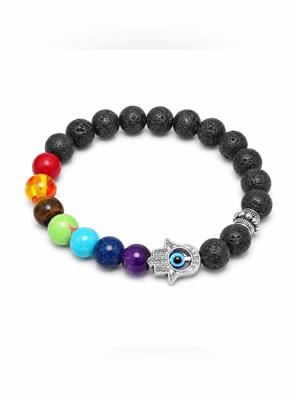 🪬Hamsa Lava Stone Bead Bracelet with Multicolor Gem Accents🪬#84